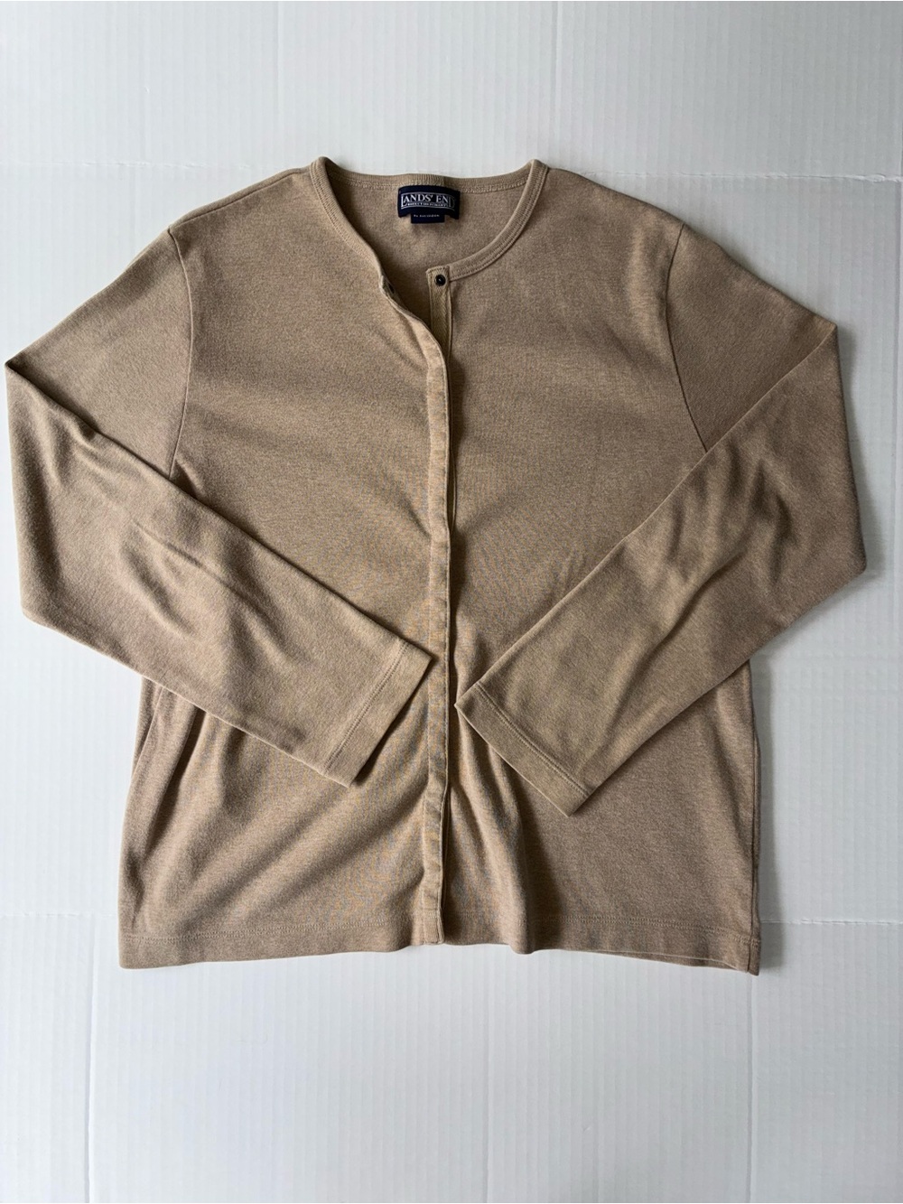 Lands' End Women’s Long Sleeve Snap Button Front Cardigan Sweater Beige Medium